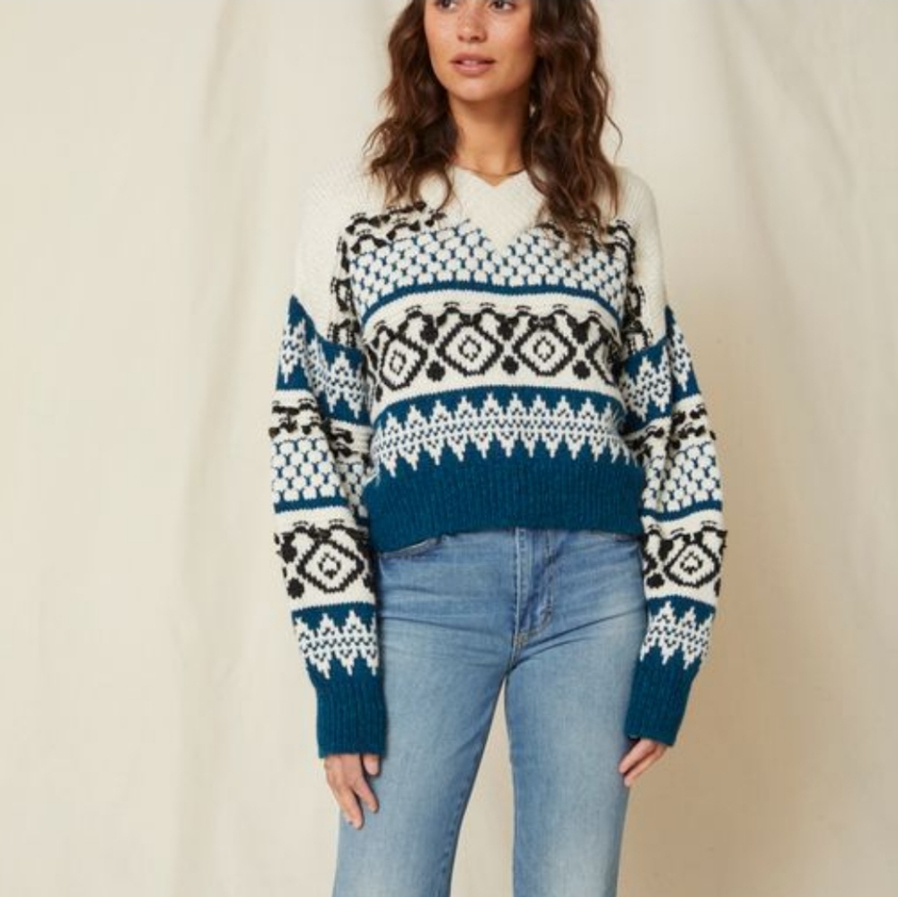 AMO Alpaca/Wool Knit Fringe Pullover Sweater Size Large Cream/Black/Blue